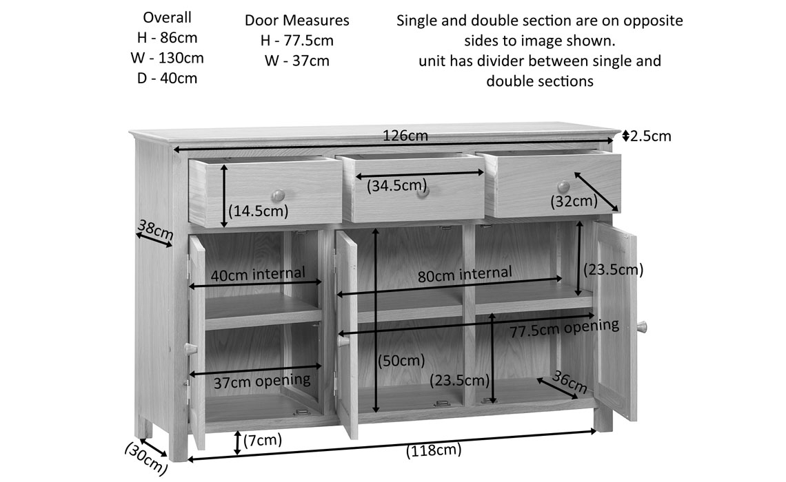 Morland Oak 3 Door 3 Drawer Sideboard