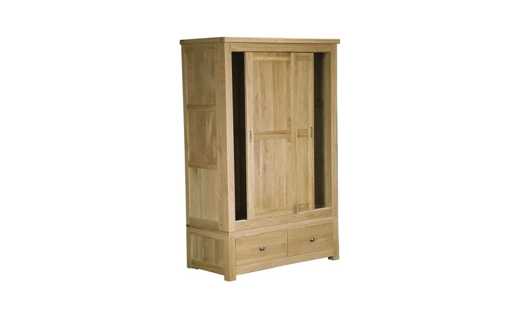 Suffolk Solid Oak Sliding Door Double Wardrobe 2 Drawers