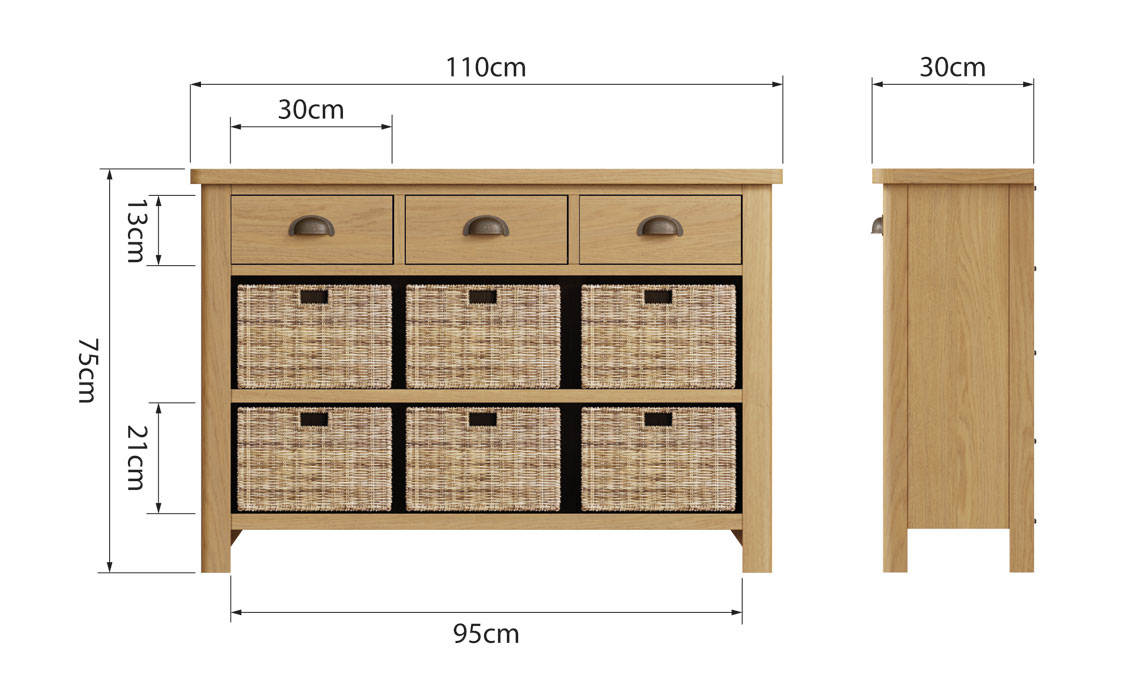 Woodbridge Oak 3 Drawer 6 Basket Cabinet